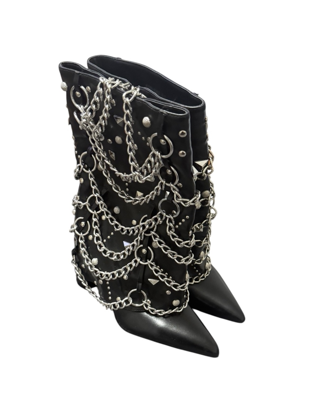 Azalea Wang Black Chain-Embellished Pointed-Toe Mid-Calf Boots